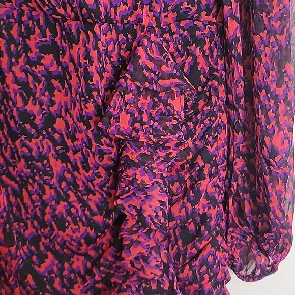 Express Abstract Print Faux Wrap Ruffle Mini Dress Small Red Black Purple - Picture 8 of 16